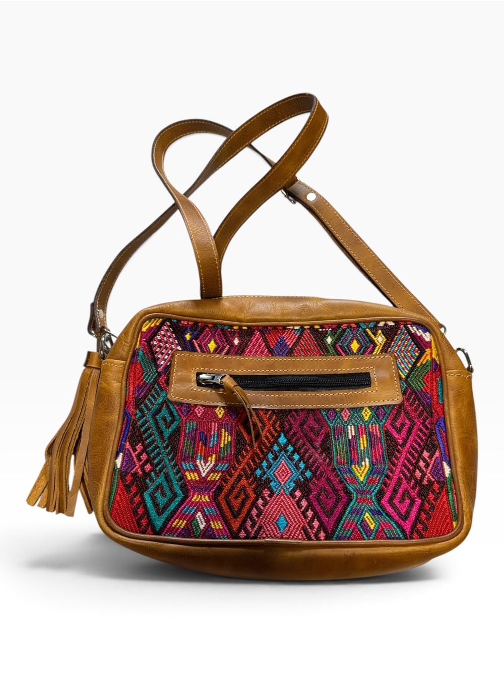 Multicolor Woven Guatemalan Huipil Crossbody with Tan Leather Trim